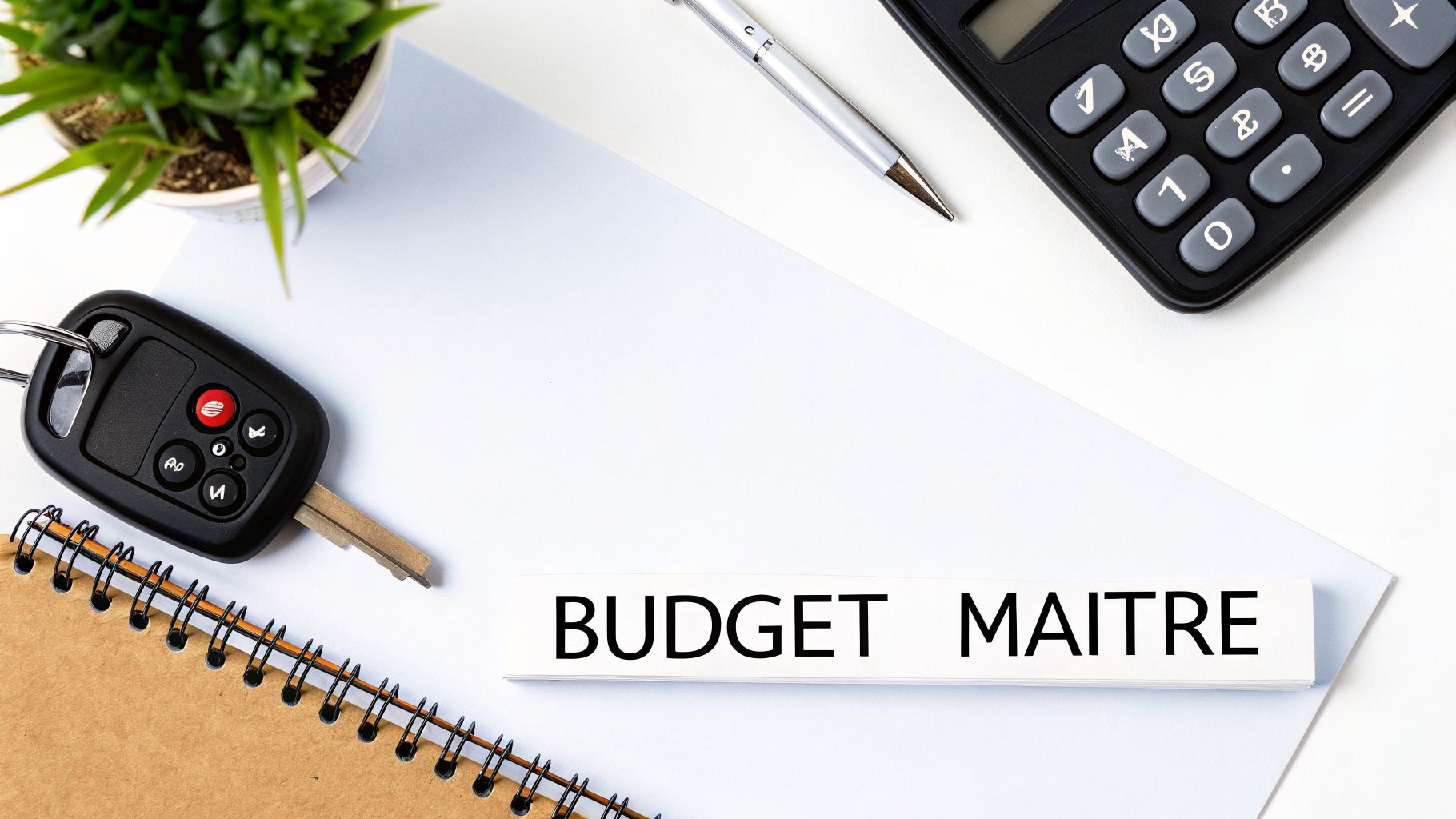 Vue de dessus d'un bureau blanc avec une clé de voiture, une calculatrice, un cahier et une carte « BUDGET MAITRE ».