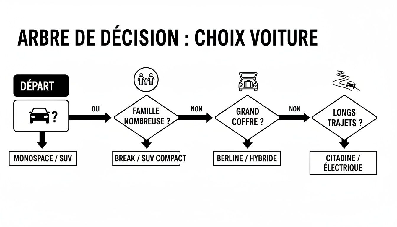 Un arbre de décision clair et simple pour aider à choisir une voiture idéale selon les besoins de la famille, la taille du coffre et la fréquence des longs trajets.