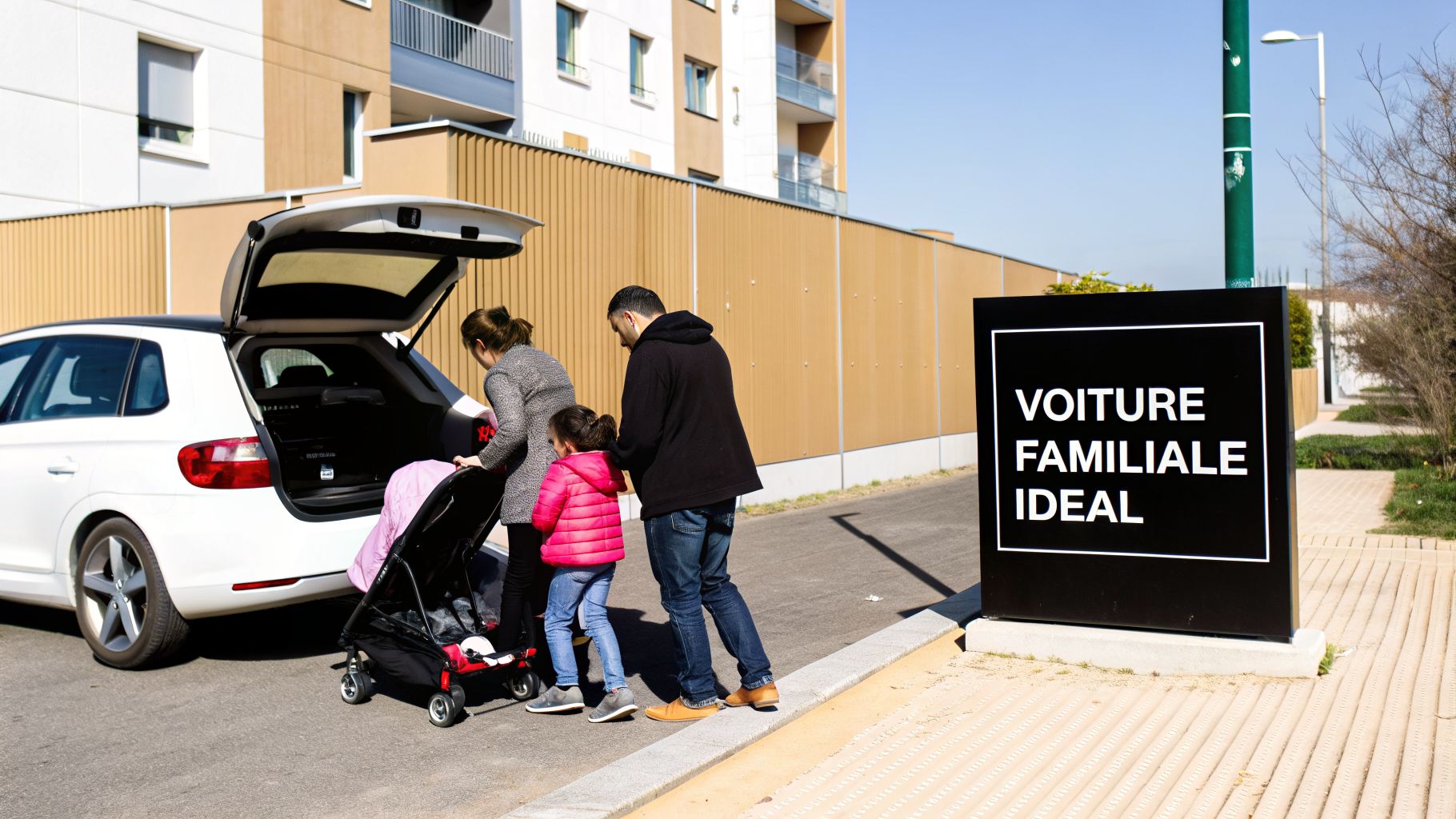 Une famille charge une poussette dans le coffre d'une voiture familiale blanche, près d'un panneau.